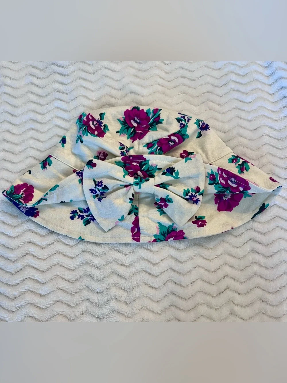 Vintage Floral Bow Sun Hat for Kids - Ivory with Magenta & Teal Flowers